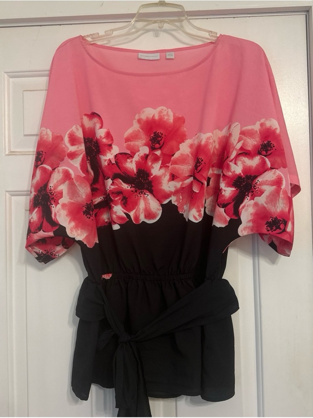 New York & Company Pink Floral Tunic with Black Waist Panel